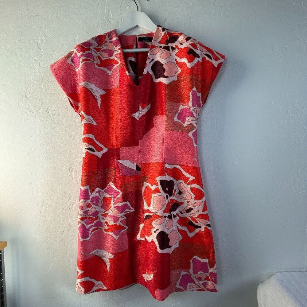 Natori Womens Red & Pink Abstract Print Cap Sleeve V-Neck Shift Dress Size 10